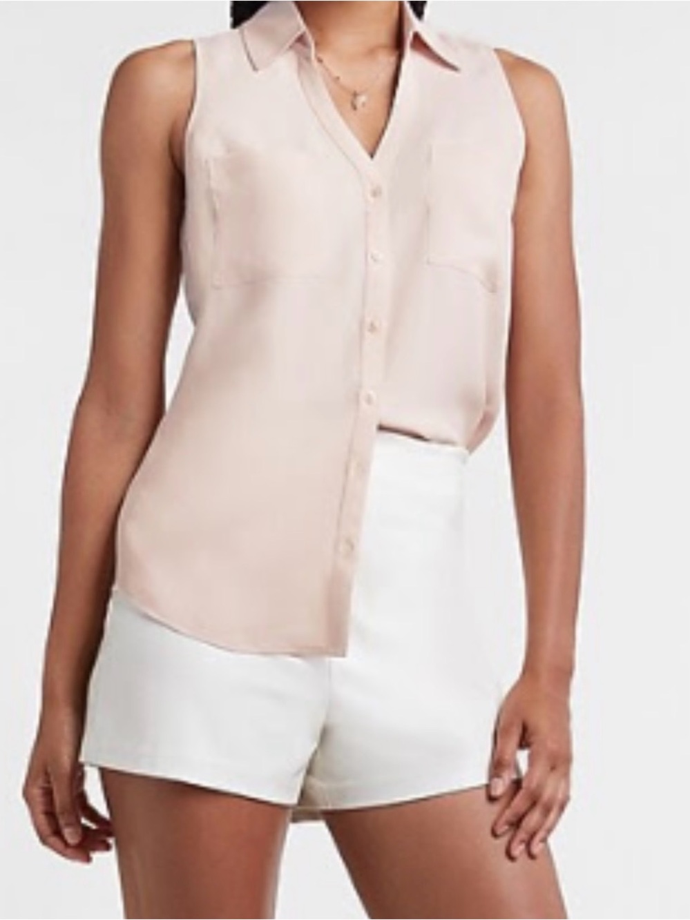 Express Sleeveless Button Down V-Neck Blouse with Collar Light Pink Tank Top XXS